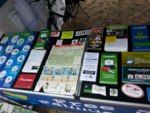 Detail of FSFE information stall in Sugust 2023 in Vienna on Donauinsel