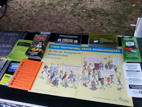 Detail of FSFE information stall in Sugust 2023 in Vienna on Donauinsel