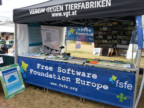 FSFE information stall in August 2023 in Vienna on Donauinsel