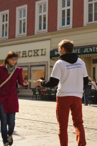 Simon, handing out leaflets