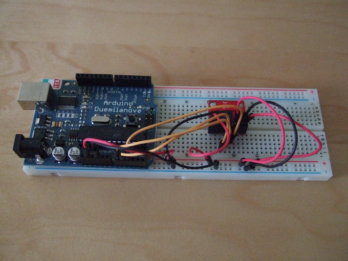 The Arduino Duemilanove attached to a three-axis accelerometer breakout board
