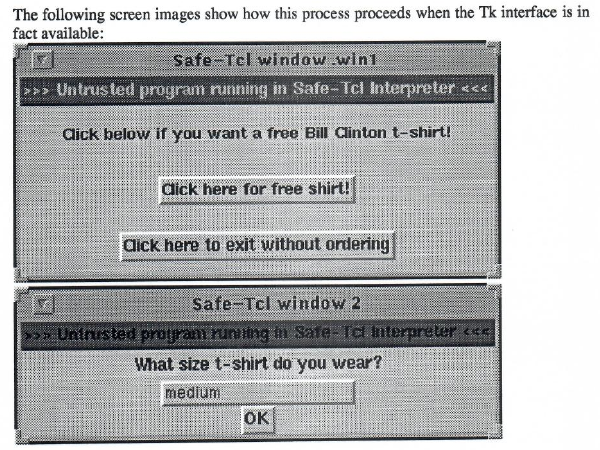 T-shirt ordering dialogues shown by Safe-Tcl
