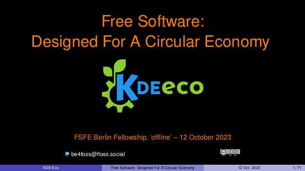 Titelfolie des Vortrags - Free Software: Designed for a circular economy